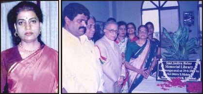 1) Late Indira Belur 2) A file photo of the inauguration of ‘Indira Belur Memorial Library’ at Bharatiya Vidya Bhavan, Mysore, which adorns the drawing room of Vinuthamma’s residence.
