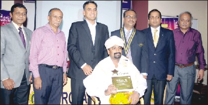 Abhilash Nair, MD of Zeus Biotech, Mysore, who was conferred the Best Industrialist Award by Rotary Midtown yesterday, is seen with (standing from left) Rtn. Rakesh (MC of the Programme), Rtn. M.R. Srivatsa (Vocational Service Director), chief guest Arjun Ranga (Partner of NR Group), Rtn. R. Venkatesh (Club President), Rtn. T.N. Mohan Kumar (Secretary) and Rtn. P.K. Ramakrishna (Award sponsor).