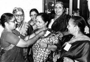 Sarojini Mahishi (fourth from left) at the first State-level conference of women writers in Bangalore on March 16, 1985.— file photo: T.L. PRABHAKAR