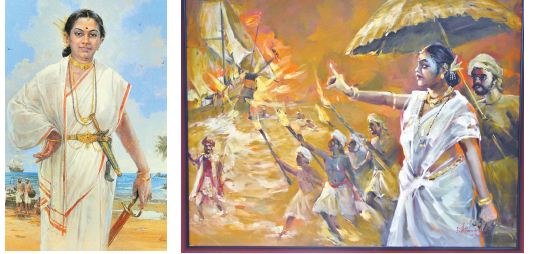  a painting of a war scene made of ‘soote’ or coconut strands,a painting of Rani Abbakka