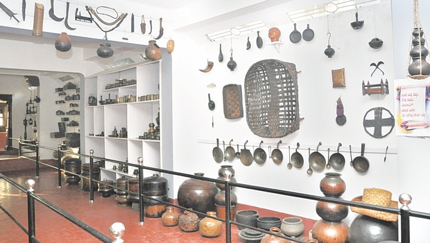 Clockwise from left: There are at least 3,000 objects on display at the Rani Abbakka Tuluva Baduku Adhyayana Kendra; a painting of a war scene made of ‘soote’ or coconut strands