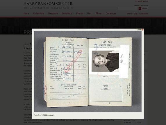 Screenshot of the Harry Ransom Center site shows a photo of renowned writer Raja Rao's 1969 passport. 