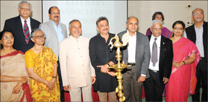 Renowned poet and author Jayant Kaikini (front row - fourth from left) and Padma Shree awardee Prof. G.N. Devy (fifth from left), who were the chief guests during the inauguration of Mysore Literary Association at the A.V. Hall of Mahajana First Grade college in Jayalakshmipuram last evening, are seen with (front row - from left) Prof. K. Latha Biddappa (Association Treasurer), Prof. P.N. Sridevi (Executive Committee Member), Prof. K.C. Belliappa (President), Prof. B.N. Balajee (Secretary), Prof. Nalini Chandar (EC Member); (back row - from left) Prof. H.S. Shivanna, K.C. Haridas, Prof. Anitha Braggs (partly seen) and A.K. Monnappa (all EC Members). 