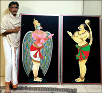 Artist Ganjifa Raghupathi Bhat with his paintings at Arizona, USA. 