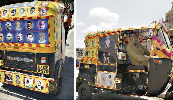 History on wheels:Shivakumar’s aesthetically made up three-wheeler is a library holding260 Kannada books, magazines and newspapers.—Photos: Bhagya Prakash K.