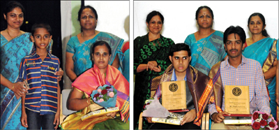 Specially-abled persons — Akash Raghav and Srivats — who were felicitated by AIISH during ‘Specially-abled Day’ celebrations yesterday, are seen with AIISH Director Dr. Savithri and others. Picture right shows C.S. Savitha who received 'AIISH Mother of the Year 2016' award.