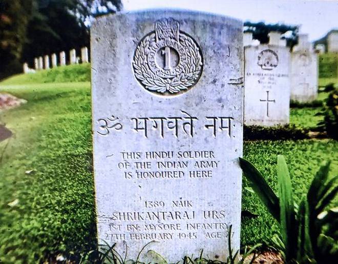 Final destination: The tombstone of Srikantaraj Urs of the Mysore Infantry at the Kranji War Cemetery in Singapore. | Photo Credit: Special Arrangement
