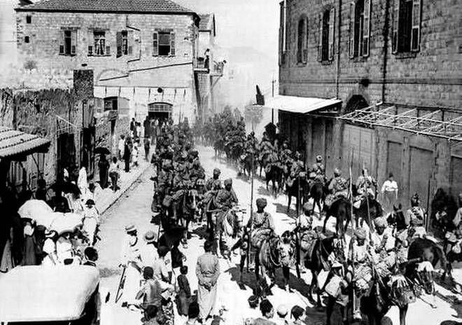 The Mysore Lancers march at Haifa, a port city in Israel, on Sept 23, 1918. | Photo Credit: from the collection of Mr. Raja
