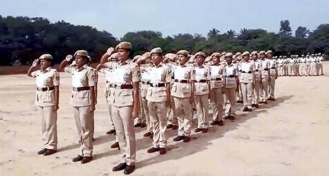 A video grab showing a women’s battalion of KSRP at a parade in Bengaluru. | Photo Credit: Special Arrangement