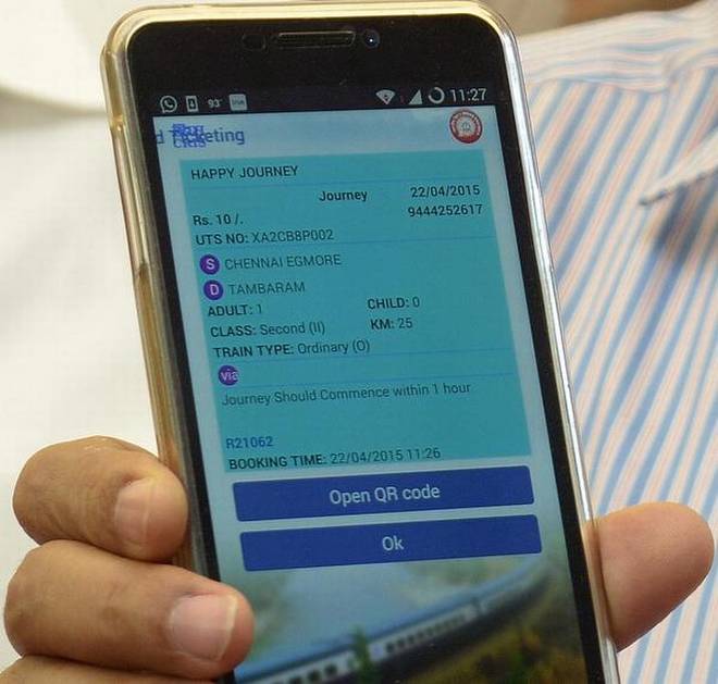The number oftickets booked through mobile booking app UTS is steadily increasing. File photo: V. Ganesan 