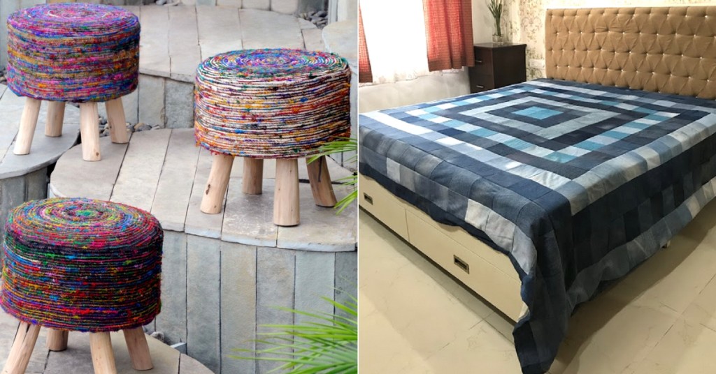 Stools made of fabric waste and bed sheets fashioned out of denims. Courtesy: Rimagined.