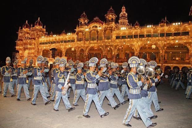 A file photo of the Royal Carnatic Orchestra band marching past the Mysore Palace. Photo: Courtesy Mysuru Police Band