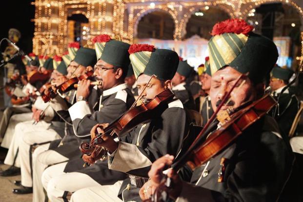 The Royal Carnatic Orchestra band performing at the palace. Photo: Courtesy Mysuru Police Band