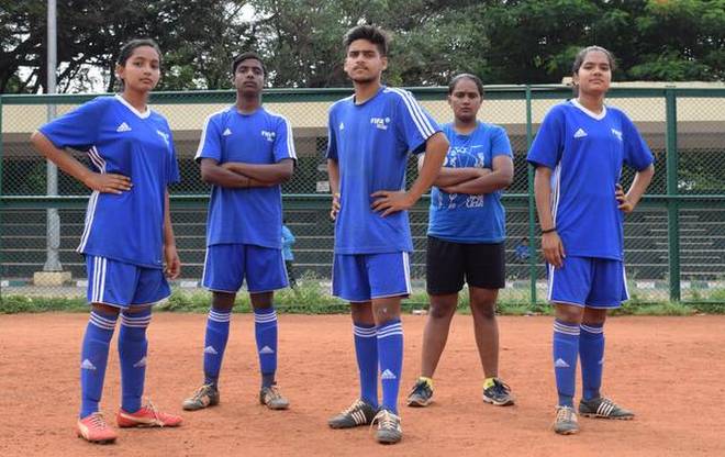 Amreen Taj, Vishnu R., Sandeep Akash P., Anitha Raju (trainer) and Manasa Yadav K. will be taking part in the Football for Hope Festival 2018 in Russia. 