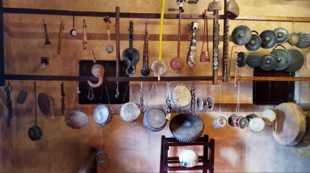 Musical instruments collected by B.V. Karanth are now at Hasta Shilpa Heritage Village in Manipal. | Photo Credit: Special Arrangement
