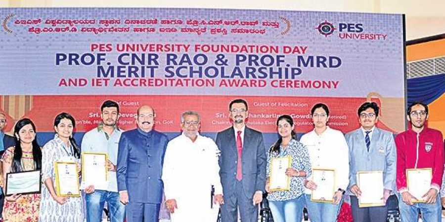 Minister G T Devegowda at the PES University foundation day ceremony where students were given scholarships, in Bengaluru on Saturday