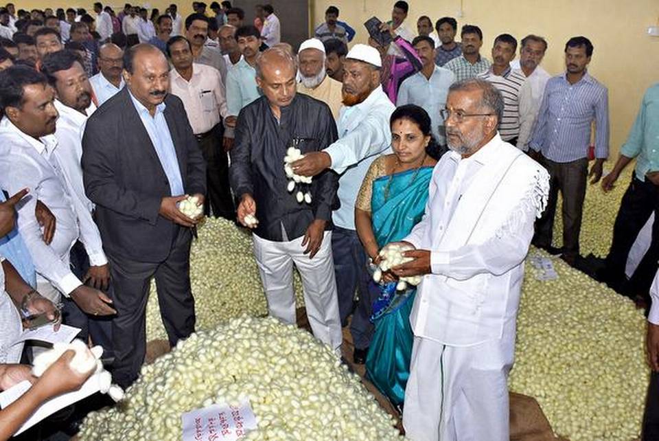 inister for Sericulture S.R. Mahesh, Minister for Higher Education G.T. Deve Gowda, and Mayor Pushpalatha Jagannath at the cocoon market in Mysuru on Sunday. 