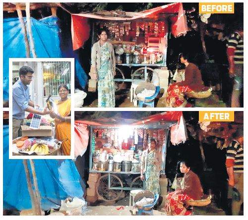 A stall is lit up with the solar lamp that was gifted by Aakarsh Shamnur; (inset) Shamnur gives a solar lamp to a vendor | Express