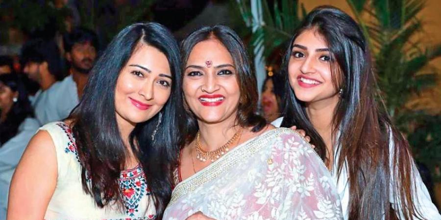 Dr Swarnalatha with her daughter Sree Leela (right) and actor Radhika Pandit